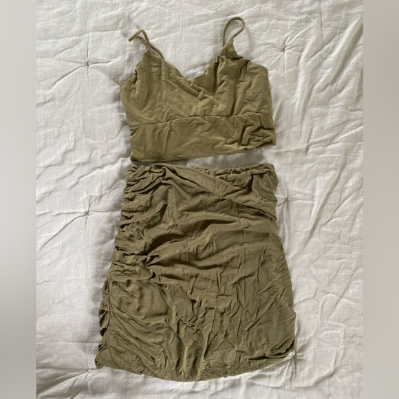 INDAH BODY SET CROP TOP MINI SKIRT BOHO NEUTRAL SET OLIVE RARE SIZE 1 S M - Picture 1 of 14